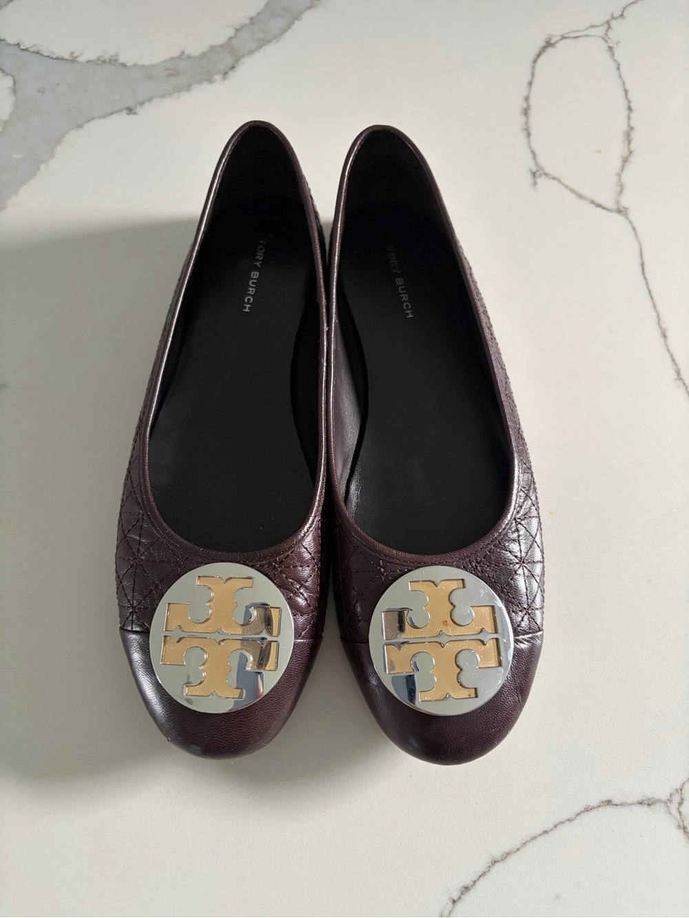 Tory Burch Burgundy Leather Logo Ballet Flats with Gold-Tone Emblem